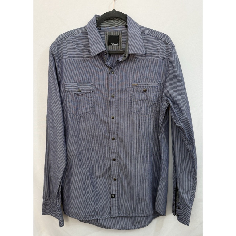 7 Diamonds Long Sleeve Snap Up Shirt Mens Size L Blue Stripe 100% Cotton